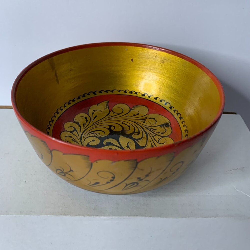 Vintage Russian (USSR) Khokhloma Hand Painted Lacquer Wooden Bowl  6.25" BY 3"
